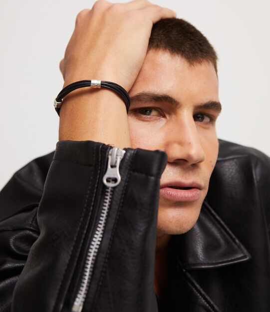 Bracelet en cuir plaqu&eacute; argent avec 2 circonf&eacute;rences, Argent, large